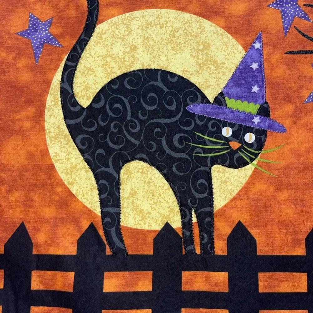 2 Halloween Placemats Black Cat Witch Hat Tree Moon Orange Purple Black